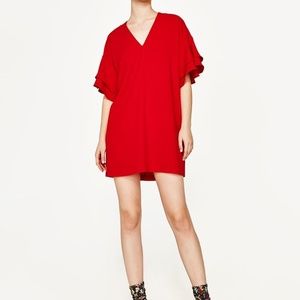 Zara Red V-Neck Ruffle Dress size XS